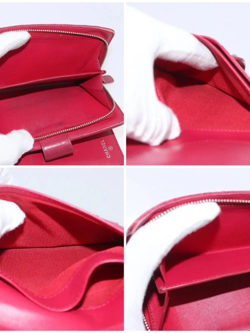 CHANEL Matelasse Bifold Wallet Lamb Skin Red Silver CC Auth YKZ104